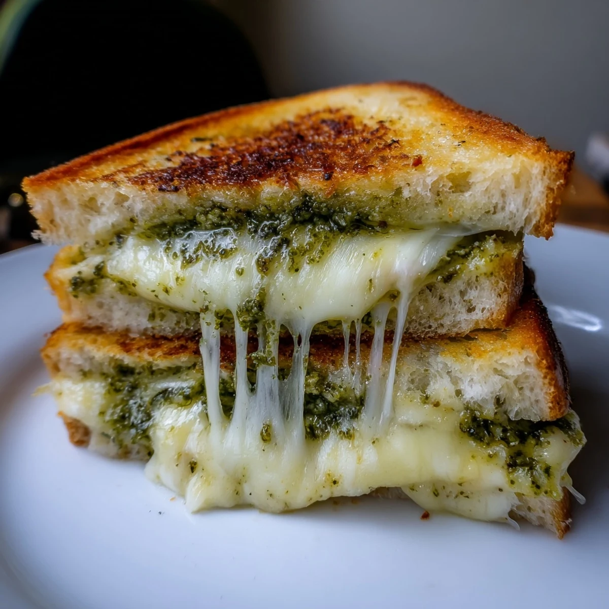 Golden-brown Sourdough Pesto Grilled Cheese sandwich oozing melted mozzarella and fontina, served on a rustic wooden board.
