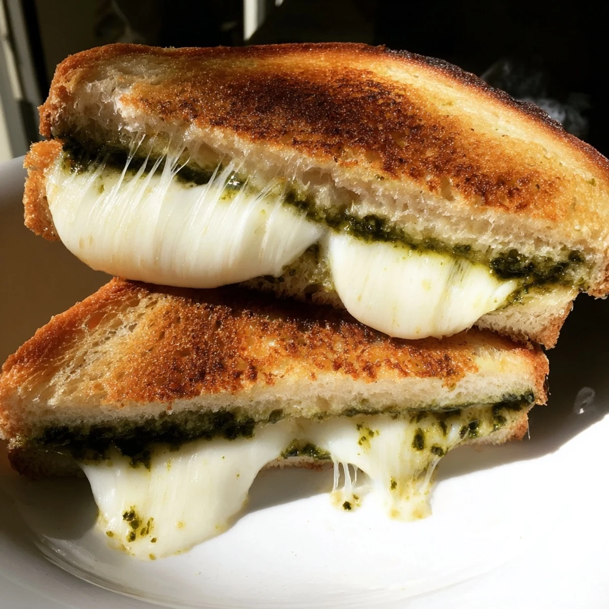 Two halves of a warm Sourdough Pesto Grilled Cheese stacked on a plate, ready to be enjoyed for lunch.