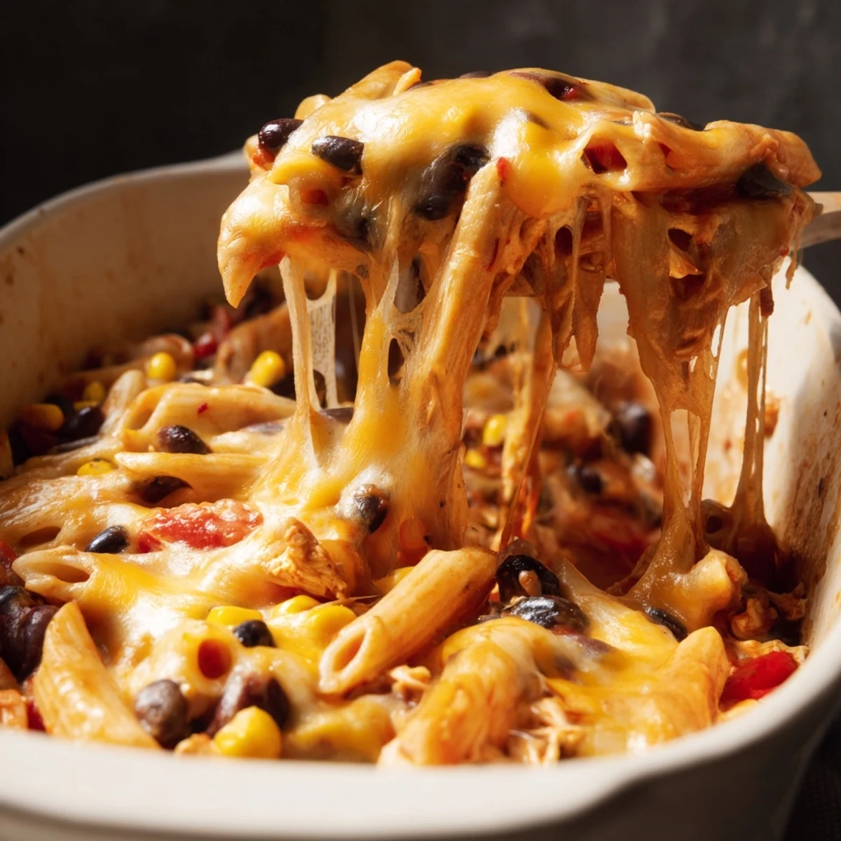 A hearty slice of Chicken Burrito Pasta Bake reveals layers of pasta, seasoned chicken, and gooey cheddar cheese.