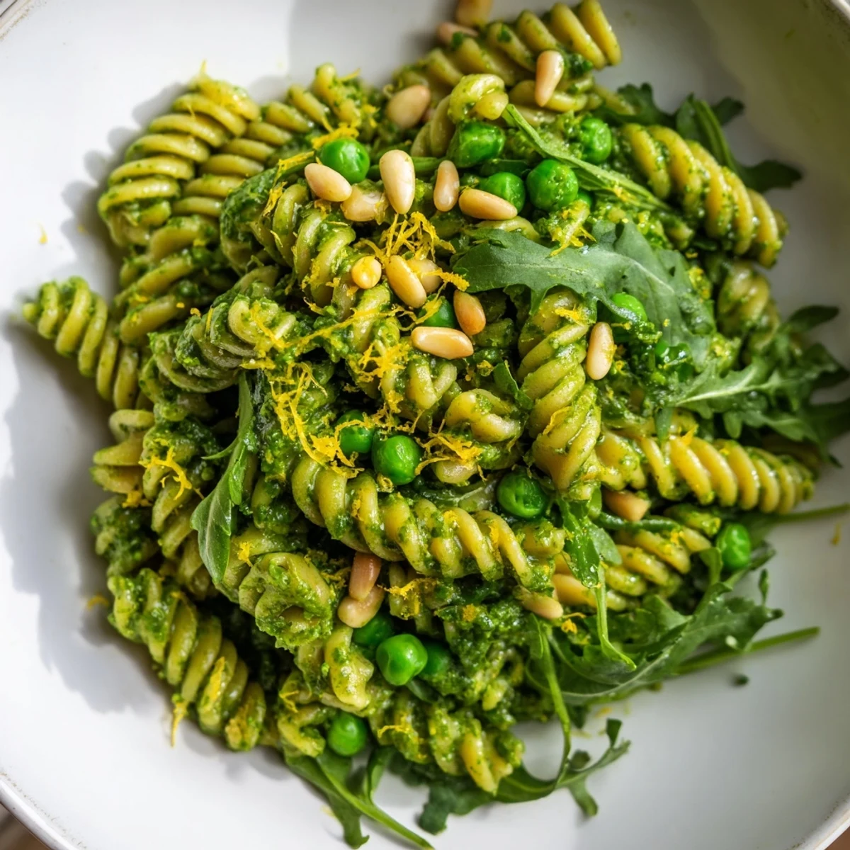 Spring Green Pesto Pasta Salad in a white bowl, showing al dente fusilli tossed with homemade basil pesto, bright green peas, and arugula.