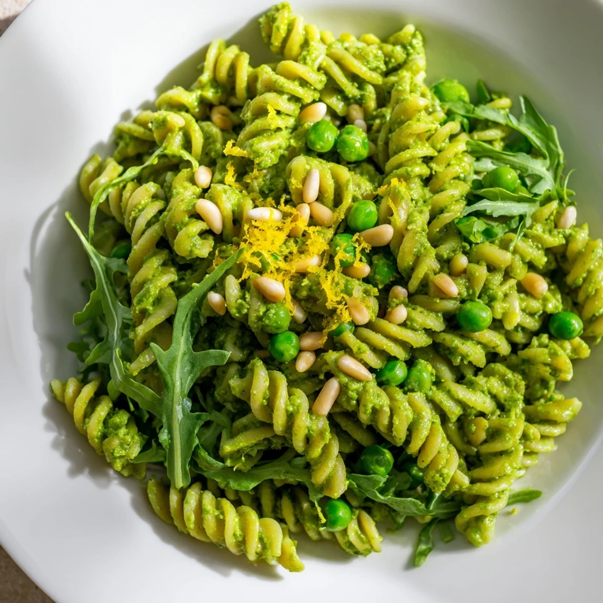 Freshly prepared Spring Green Pesto Pasta Salad garnished with toasted pine nuts and lemon zest, served on a picnic blanket for a spring lunch.