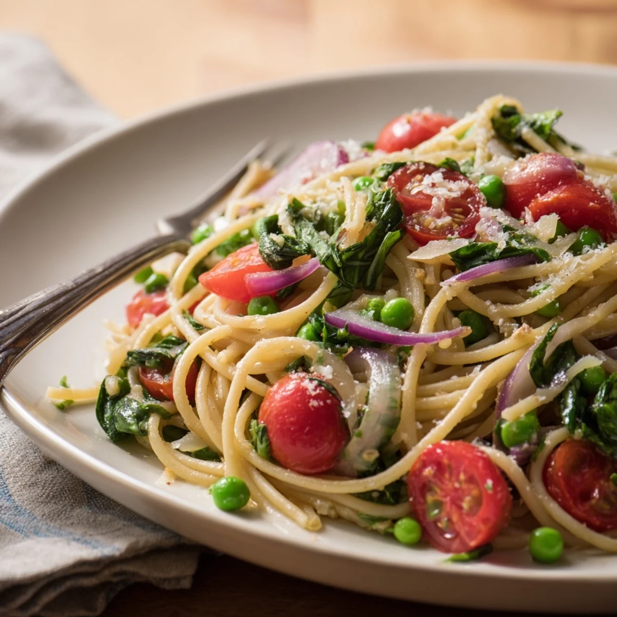 Steamed spaghetti and vibrant spring vegetables in a one-pot, garnished with fresh basil and Parmesan cheese.