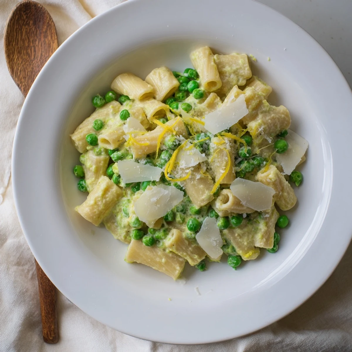 Creamy ricotta and bright lemon zest coat al dente rigatoni in this vibrant Pea & Lemon Ricotta Pasta, served warm with fresh herbs.