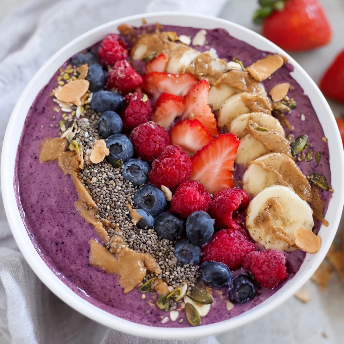 A vibrant acai berry smoothie bowl topped with fresh sliced banana, blueberries, raspberries, chia seeds, and crunchy granola for a nutritious breakfast.