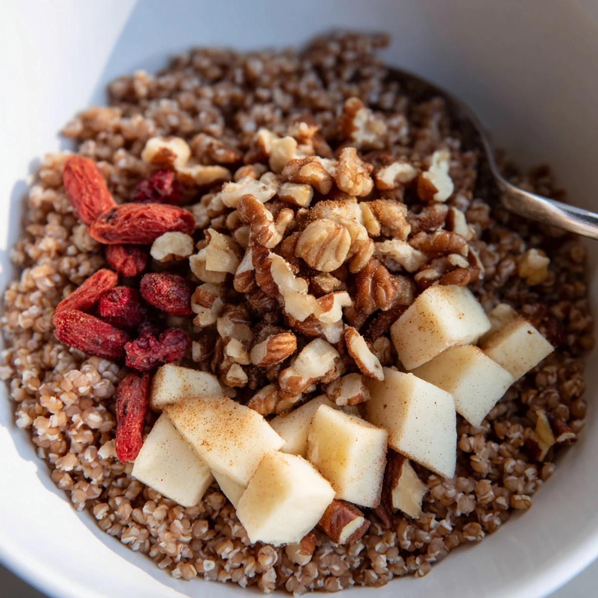 Warm, nutty buckwheat groats with honey drizzle and sliced bananas, perfect for an easy morning.
