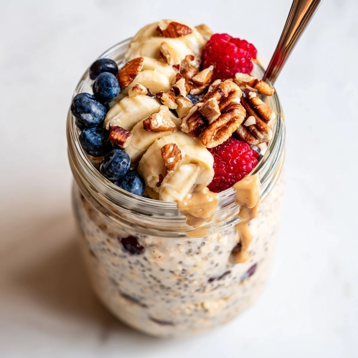 Creamy Overnight Oats With Chia Seeds layered with fresh berries and sliced banana in a clear jar, offering a perfect make-ahead breakfast.  