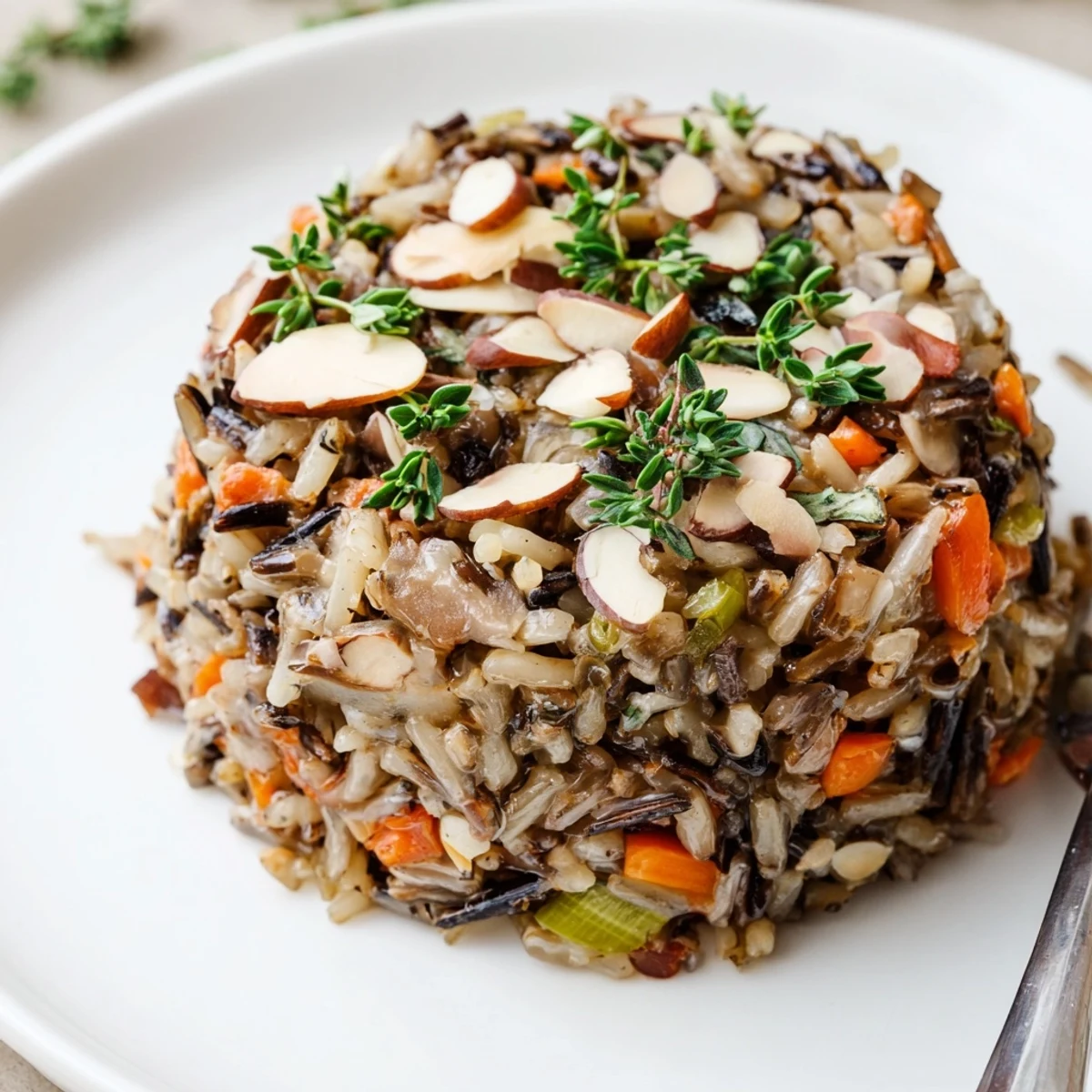 A serving dish of Wild Rice and Mushroom Pilaf, garnished with fresh parsley and toasted almonds, ready to enjoy.