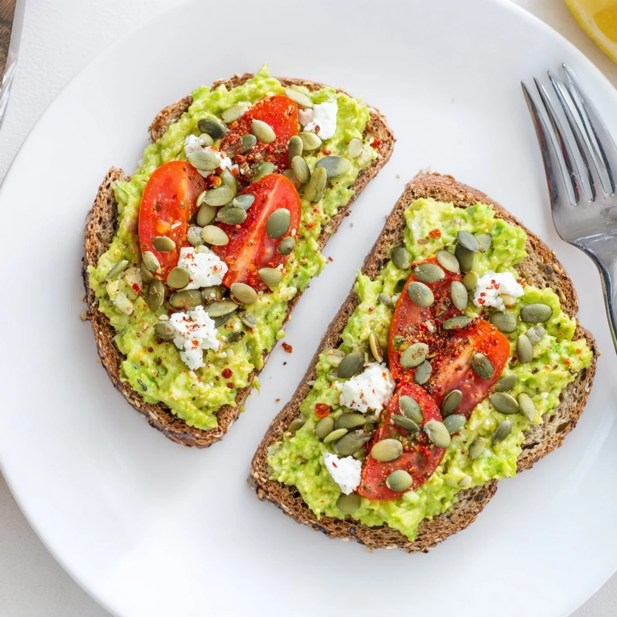 Creamy mashed avocado spread on crispy whole grain toast, topped with fresh tomato slices for a bright breakfast.