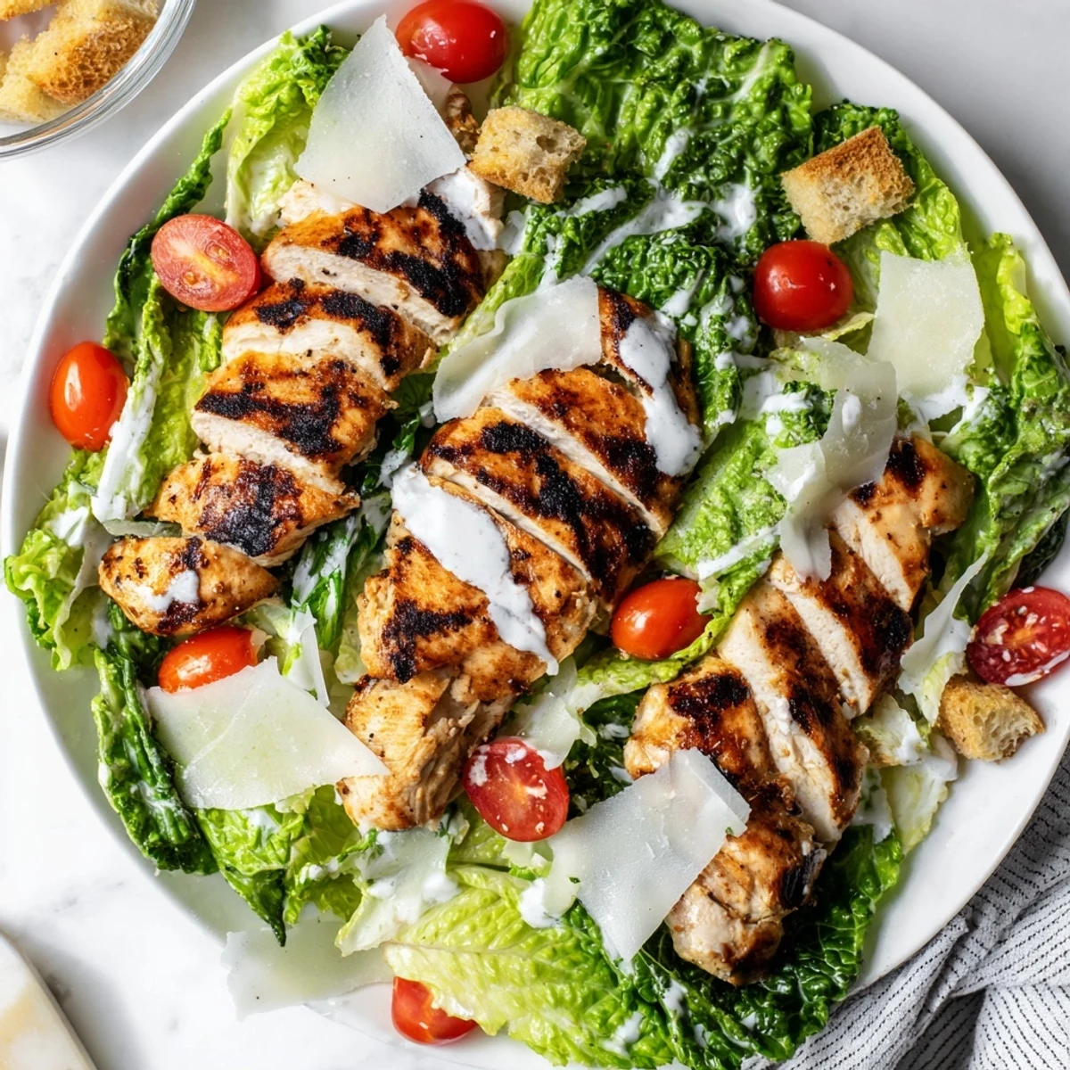 Freshly grilled chicken strips layered over crisp romaine lettuce in a vibrant Yogurt Caesar Grilled Chicken Salad.