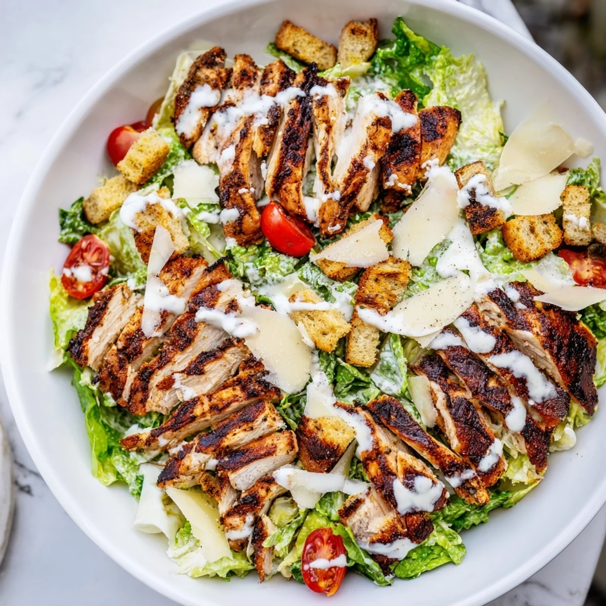 Sliced grilled chicken breast and shaved Parmesan cheese top this refreshing Yogurt Caesar Grilled Chicken Salad.