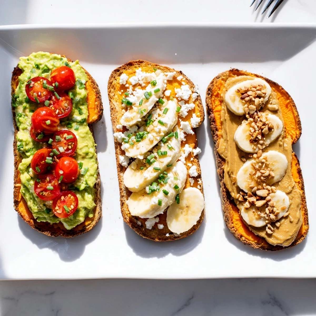 A platter of four nutritious sweet potato toasts with cottage cheese, hummus, feta, and herbs, perfect for a healthy snack.