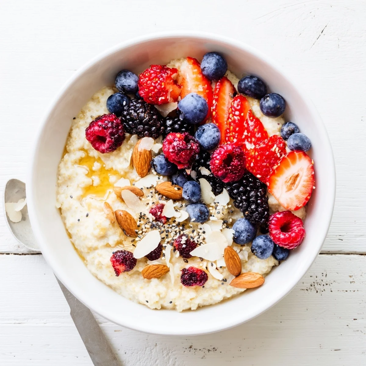 Creamy millet porridge with warm cinnamon spices and a vibrant mixed berry topping for a nourishing breakfast bowl.