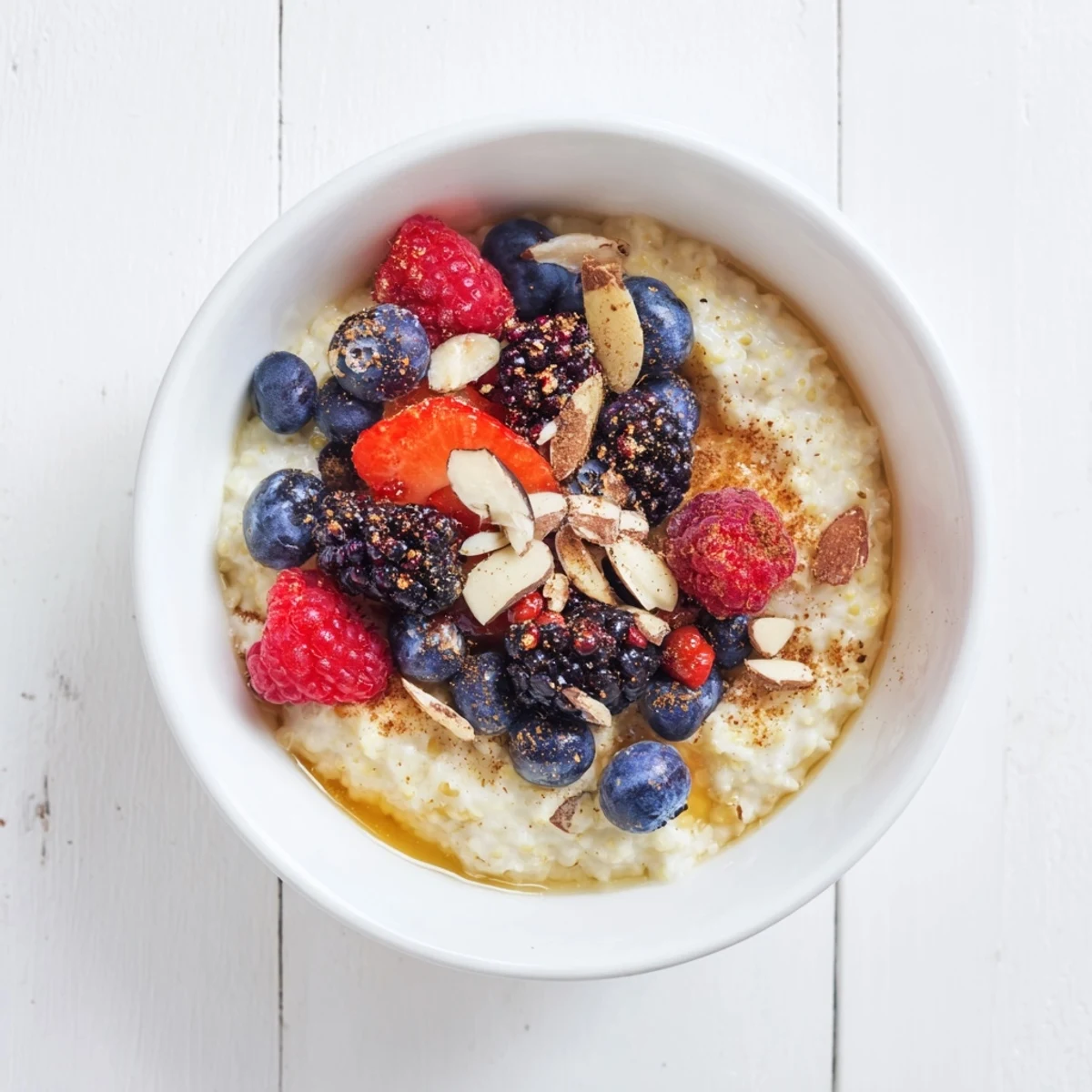 Hearty gluten-free millet porridge, topped with fresh berries, chia seeds, and chopped nuts for a wholesome, energizing meal.