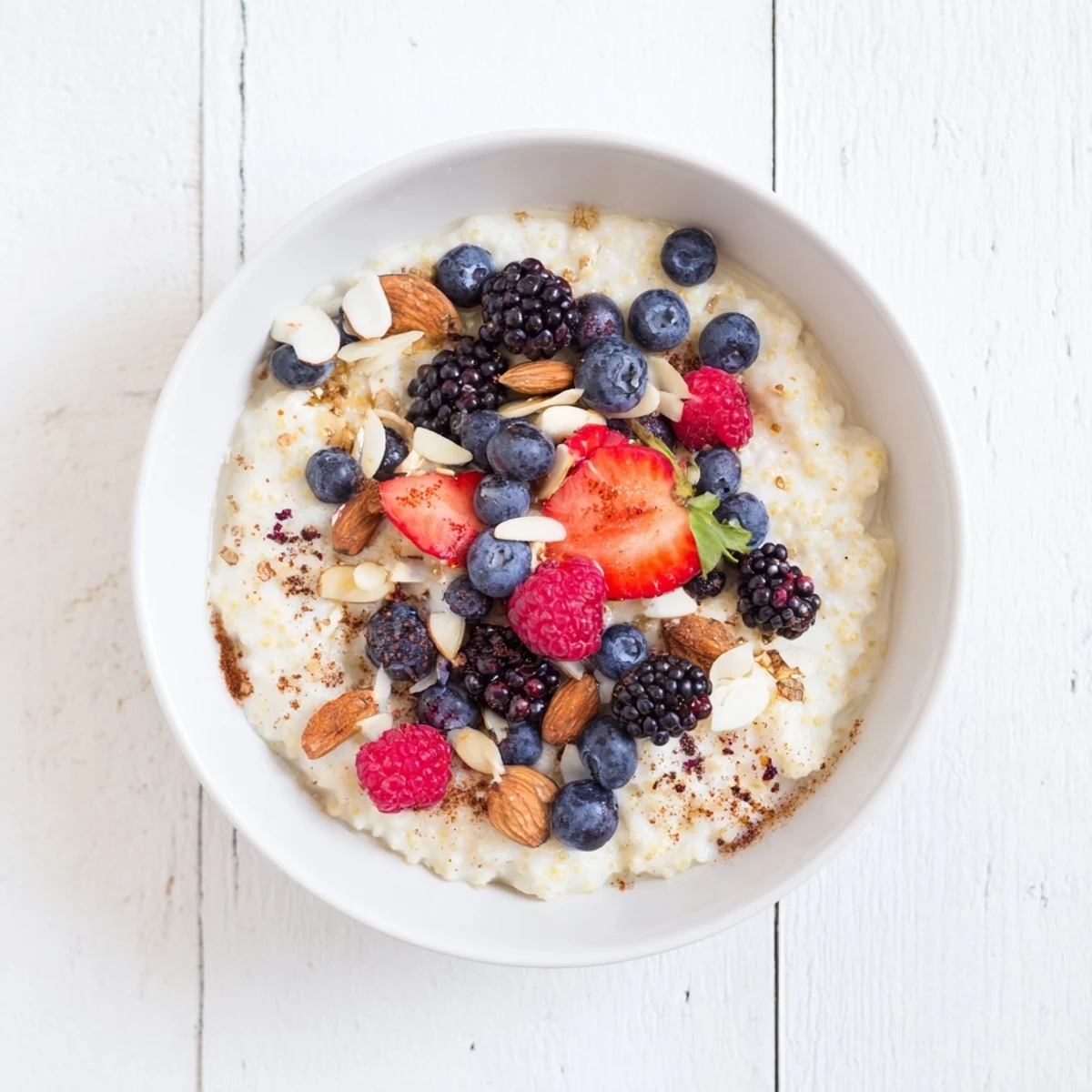 Steaming bowl of homemade millet porridge garnished with raspberries, blueberries, and a drizzle of maple syrup.