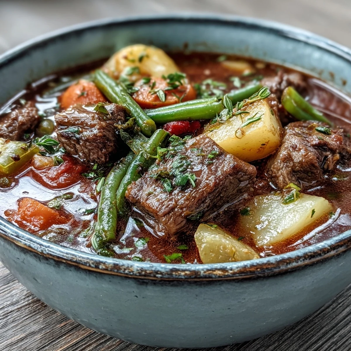 A bowl of hearty Beef and Vegetable Soup features tender beef chunks, carrots, and green beans in a rich broth.
