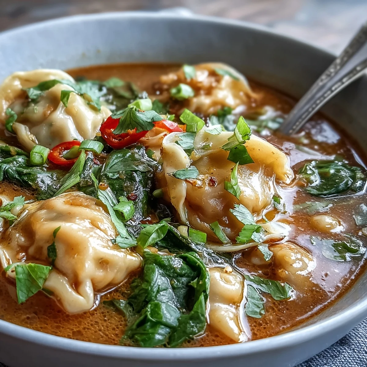 Spoonful of Red Curry Wonton Soup With Greens lifted from a bowl, revealing tender vegetables and fragrant red curry swirls in creamy broth.