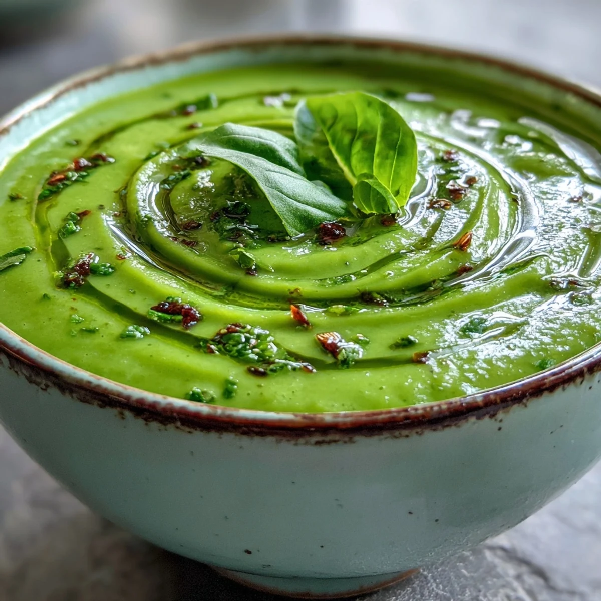 Vibrant Courgette, Pea and Pesto Soup served hot, garnished with fresh basil and a drizzle of pesto.