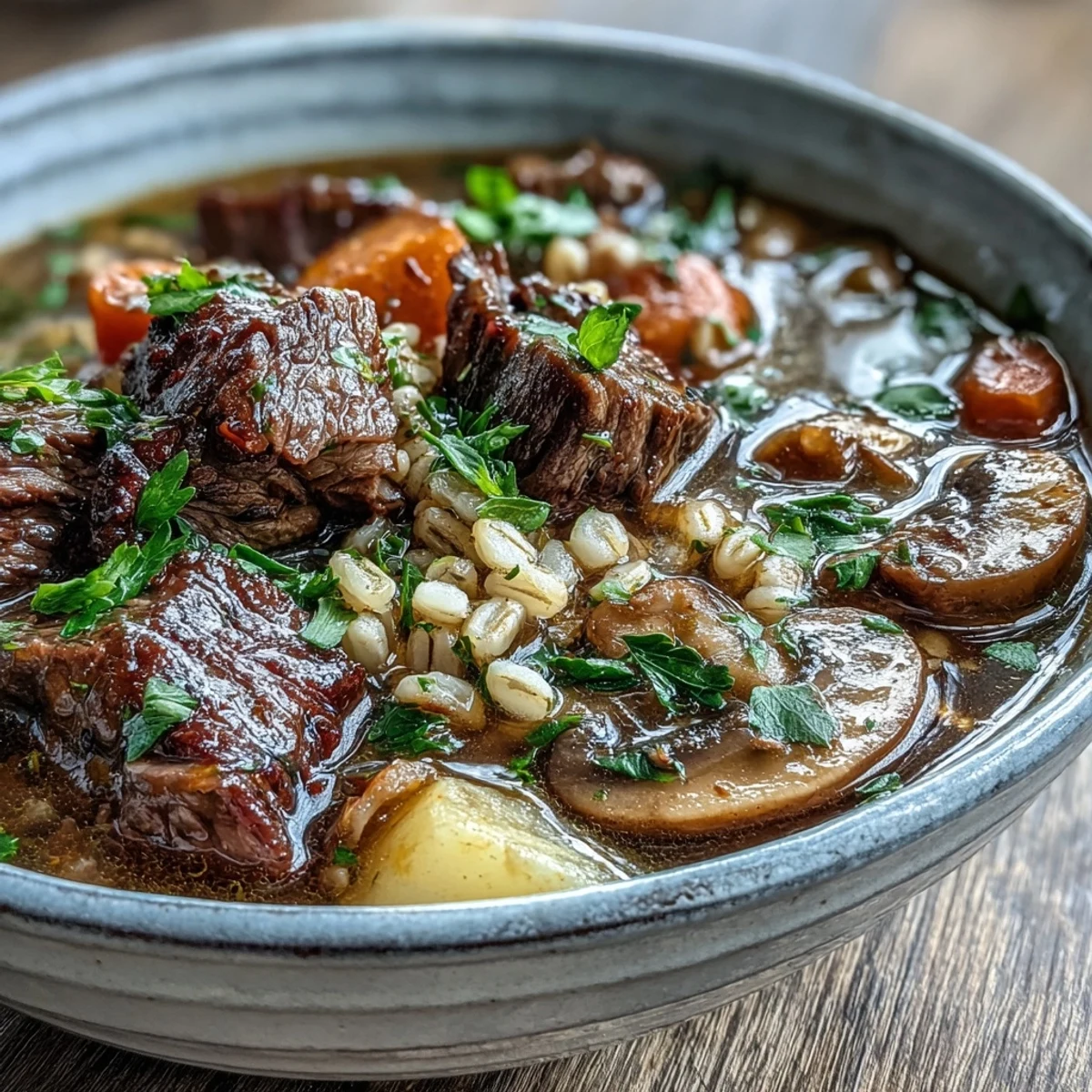 A close-up of a spoon lifting hearty Vegetable Beef, Barley, and Mushroom Soup with vegetables.