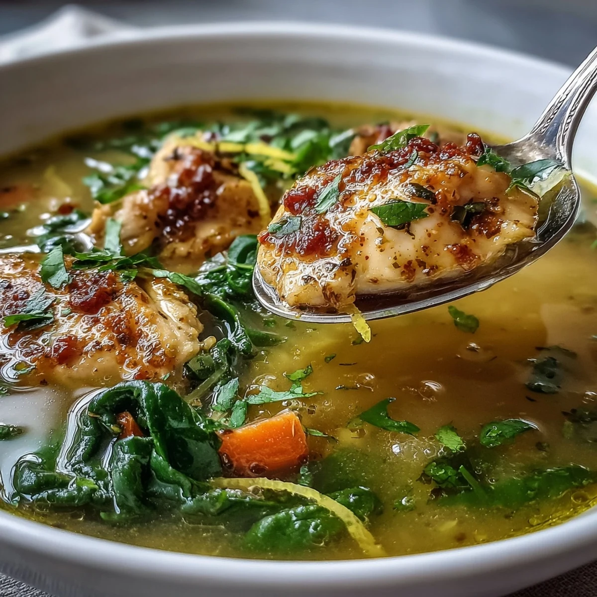 Golden High Protein Lemon and Turmeric Chicken Soup steaming in a rustic bowl with tender chicken, vibrant carrots, and wilted baby kale.