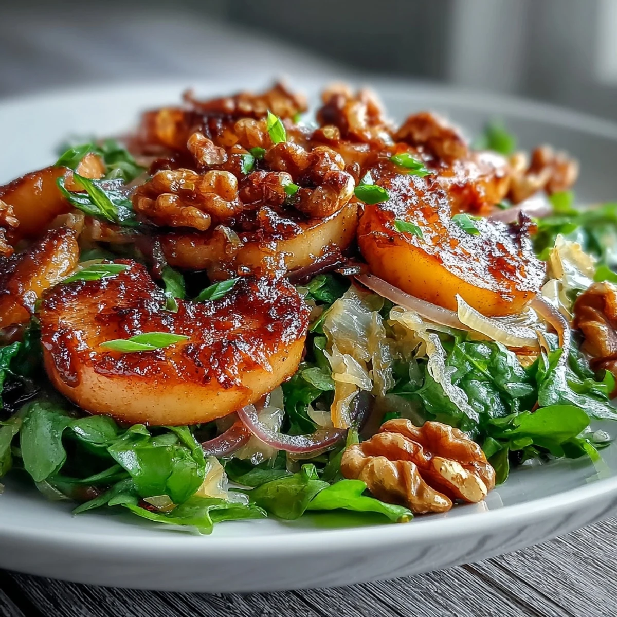 Warm Apple and Sauerkraut Skillet Salad with caramelized apples, sautéed onions, and wilted greens on a wooden board.