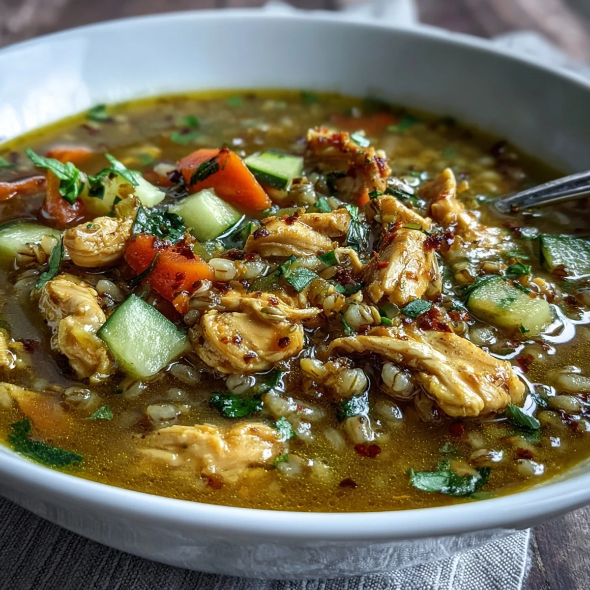 Steaming bowl of Soothing Turmeric Chicken With Pearl Barley, garnished with parsley.