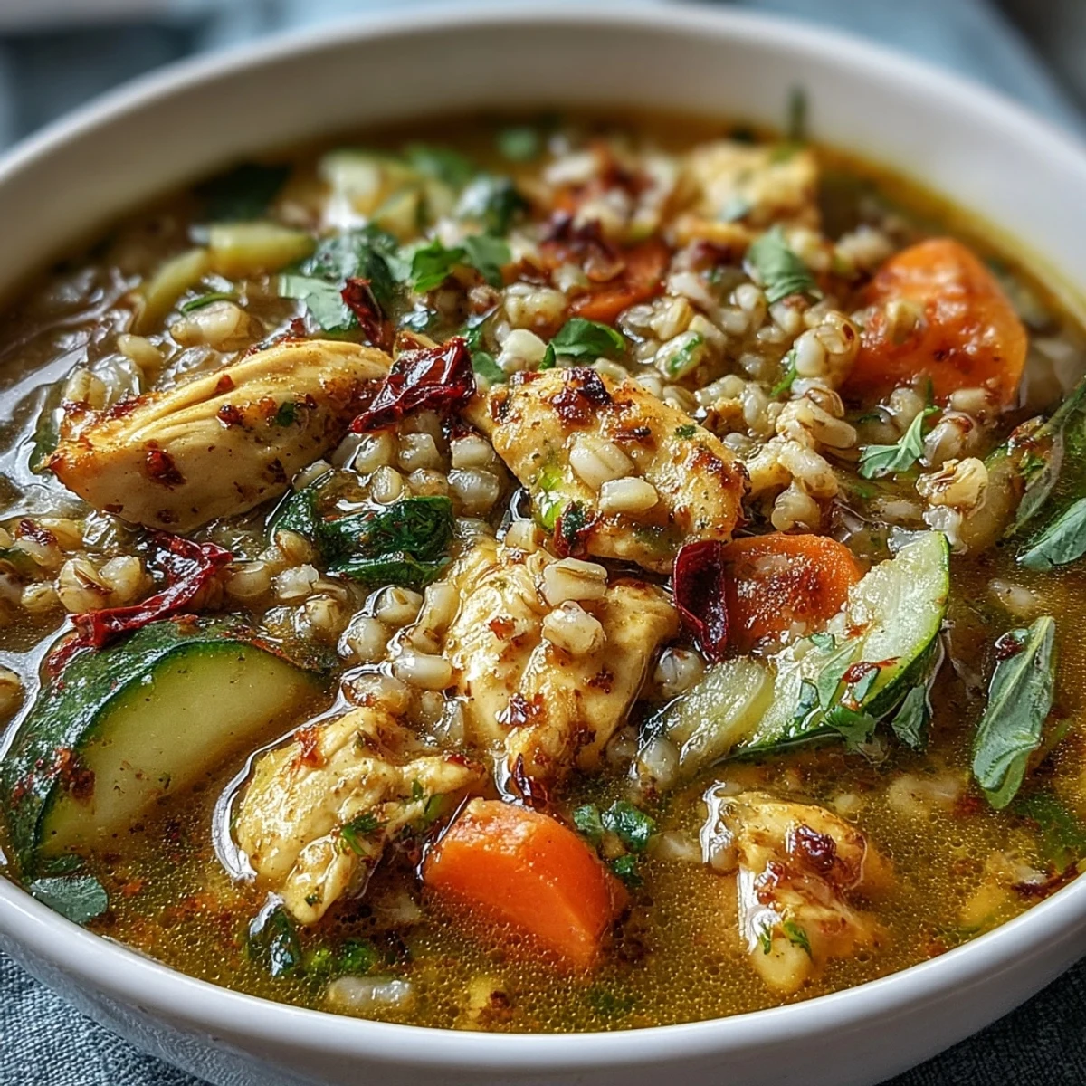 Bright golden Soothing Turmeric Chicken With Pearl Barley soup in a rustic bowl.