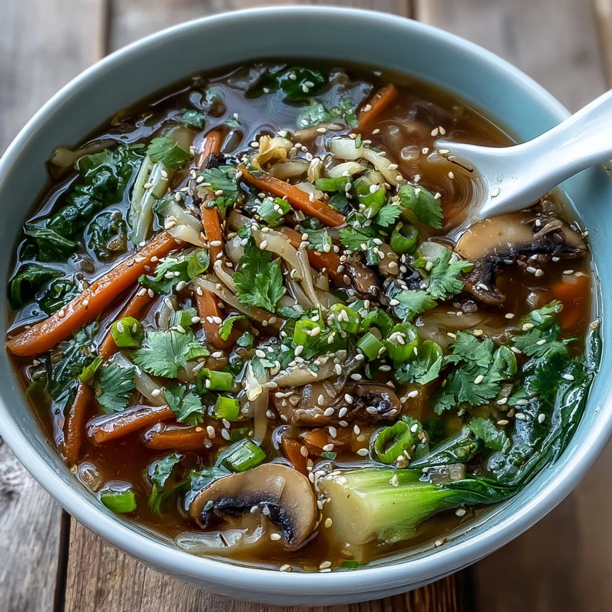 Steaming bowl of Miso Ginger Winter Soup topped with sesame seeds and fresh cilantro.