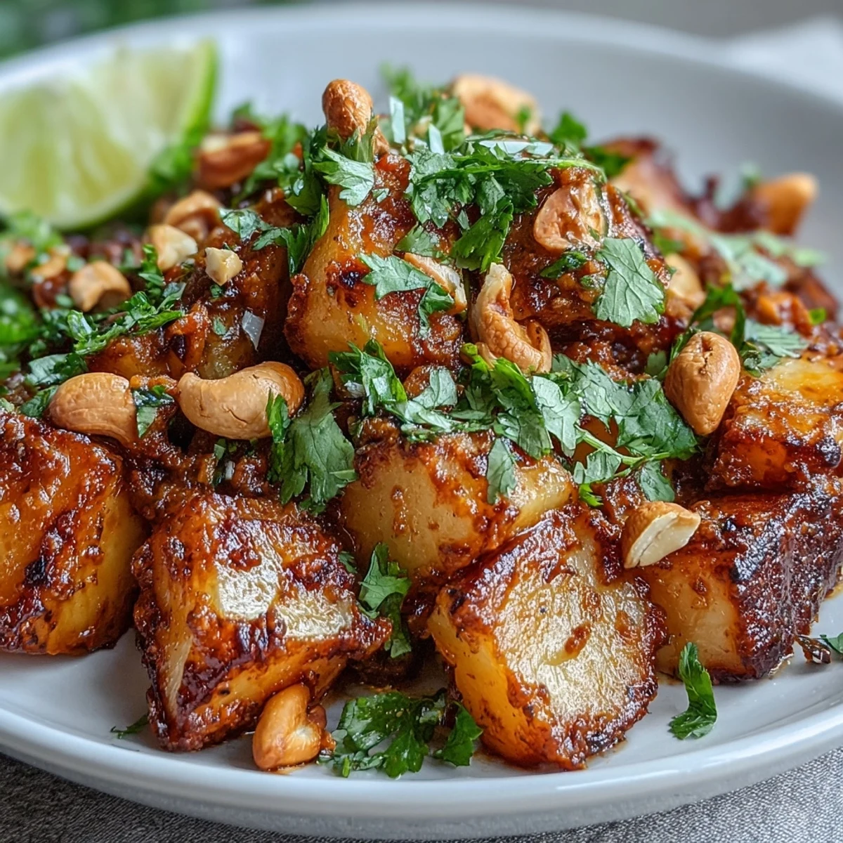 Golden roasted celeriac chunks simmer in a creamy coconut curry sauce, garnished with cilantro and lime wedges for a vegetarian main dish.