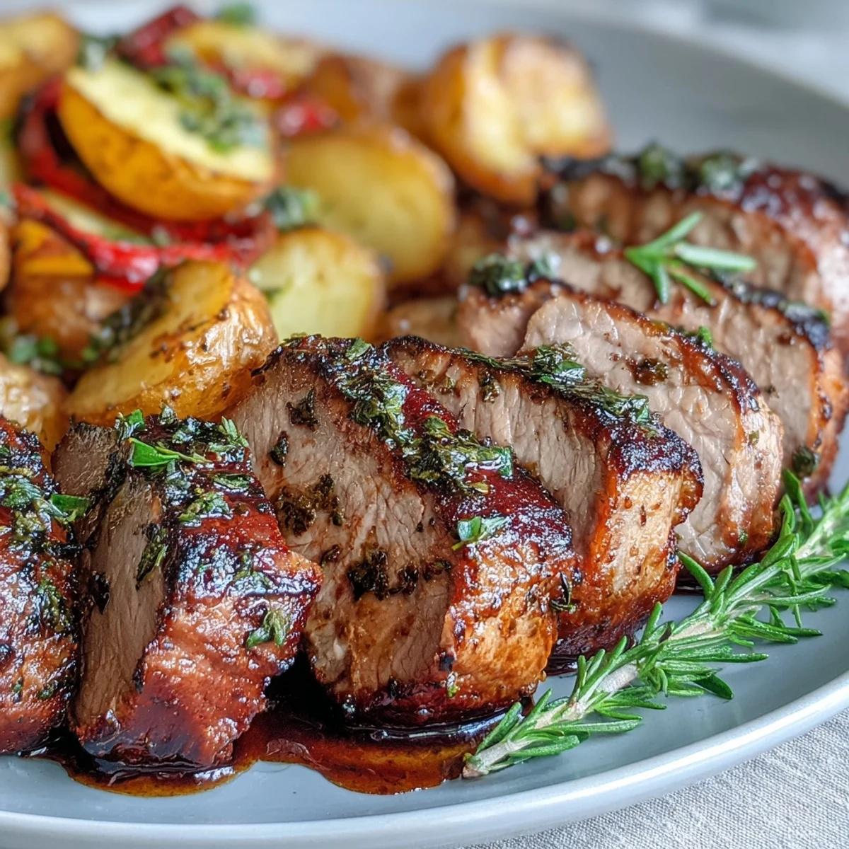 Freshly sliced Marinated Ibérico Pork Fillet, juicy and rosemary-scented, served alongside crispy roasted potatoes and tender sweet red peppers.