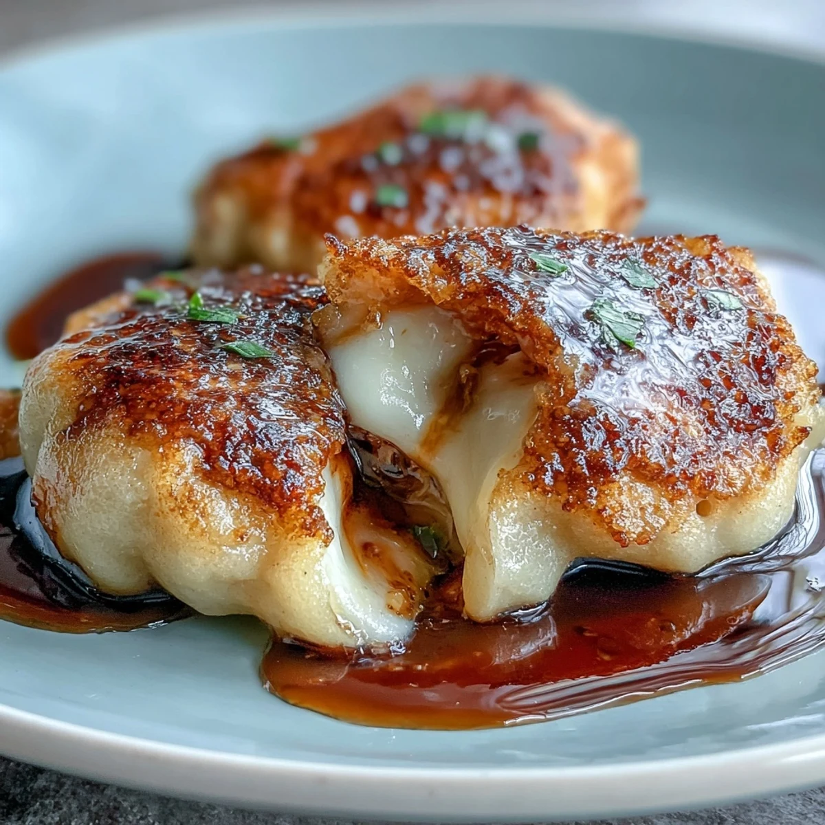 A close-up view of Chīzu Imomochi where the mochi is sliced open to reveal a molten cheese center.