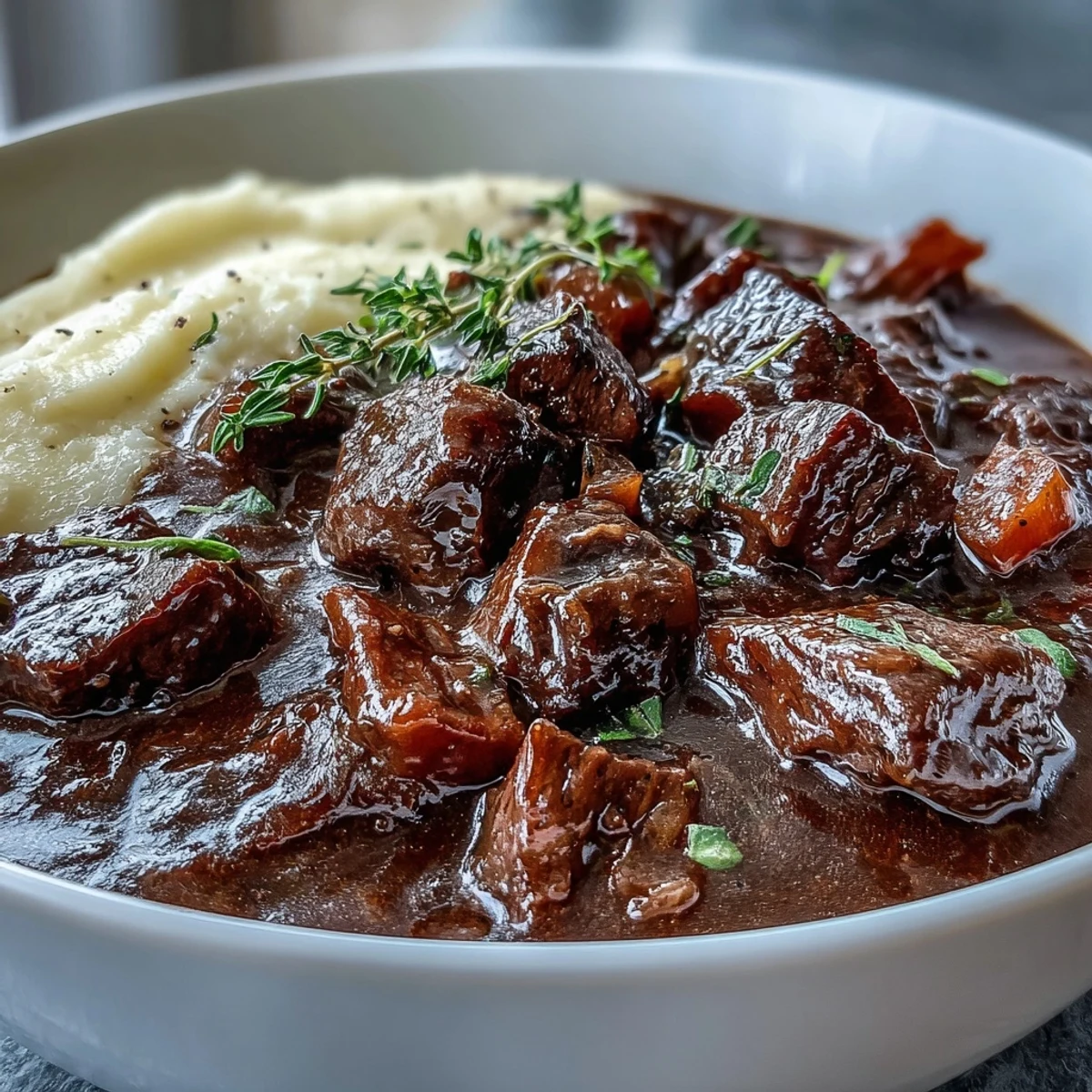 Steaming bowl of Venison Stew with Sloe Gin and Polenta, perfect for a cozy dinner.