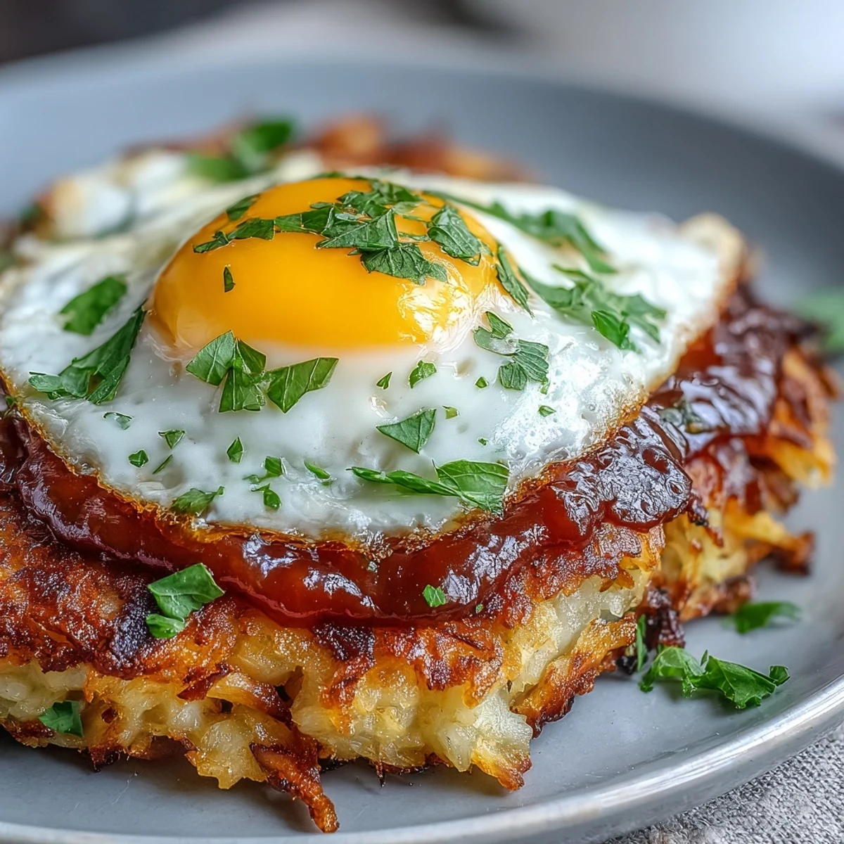 Golden-brown celeriac rösti topped with spicy harissa yogurt and a runny fried egg, served hot.