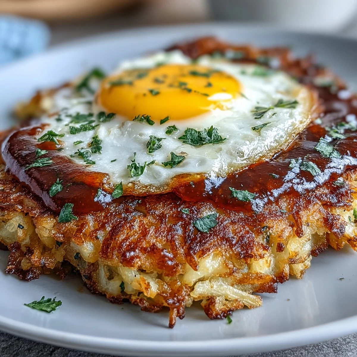 Sizzling fried egg resting on a crispy celeriac rösti, drizzled with vibrant red harissa yogurt.