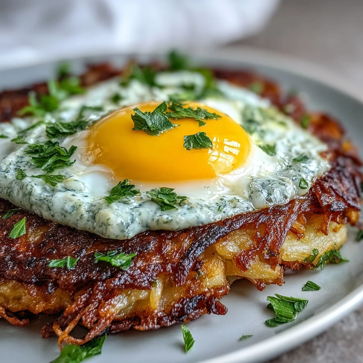 Crisp celeriac hash browns with creamy harissa sauce and sunny-side-up eggs for a savory brunch.