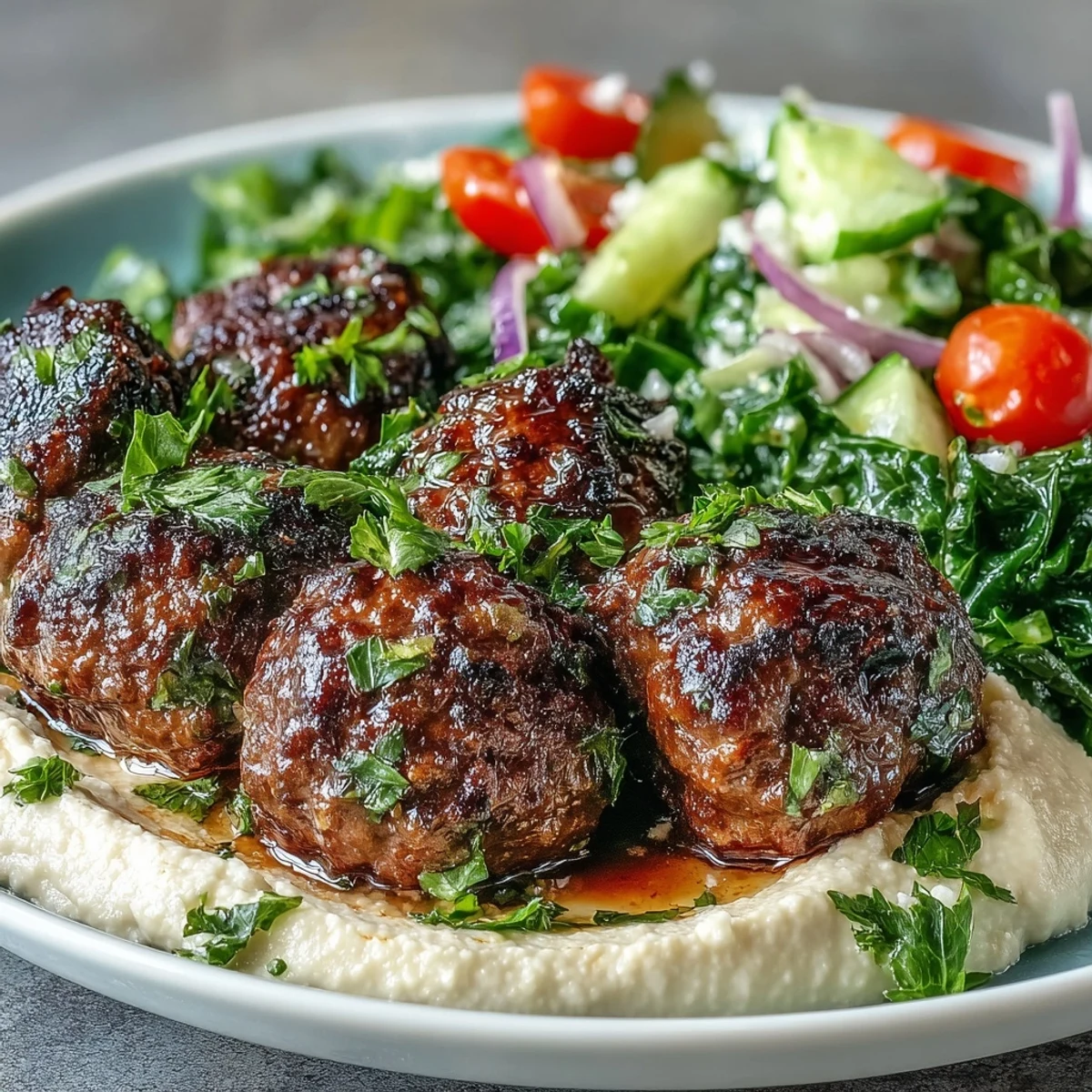 Piled high venison meatballs with spiced salad and creamy hummus on a rustic plate.