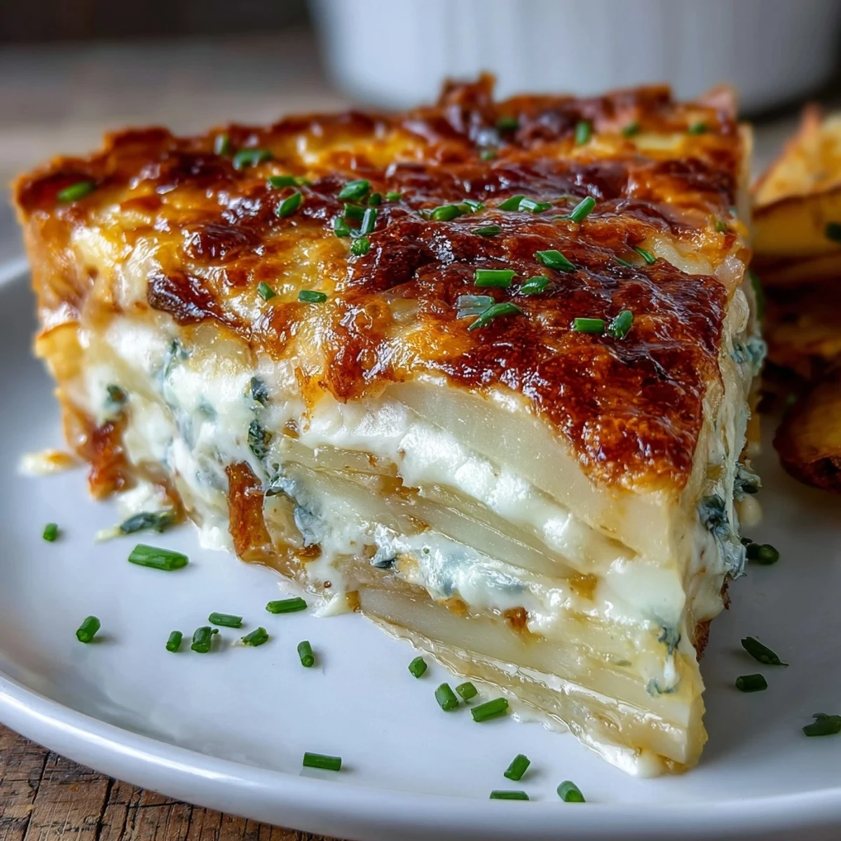 Golden, bubbling Cheese and Potato Pie with creamy layers and melted Gruyère and cheddar on a rustic table.