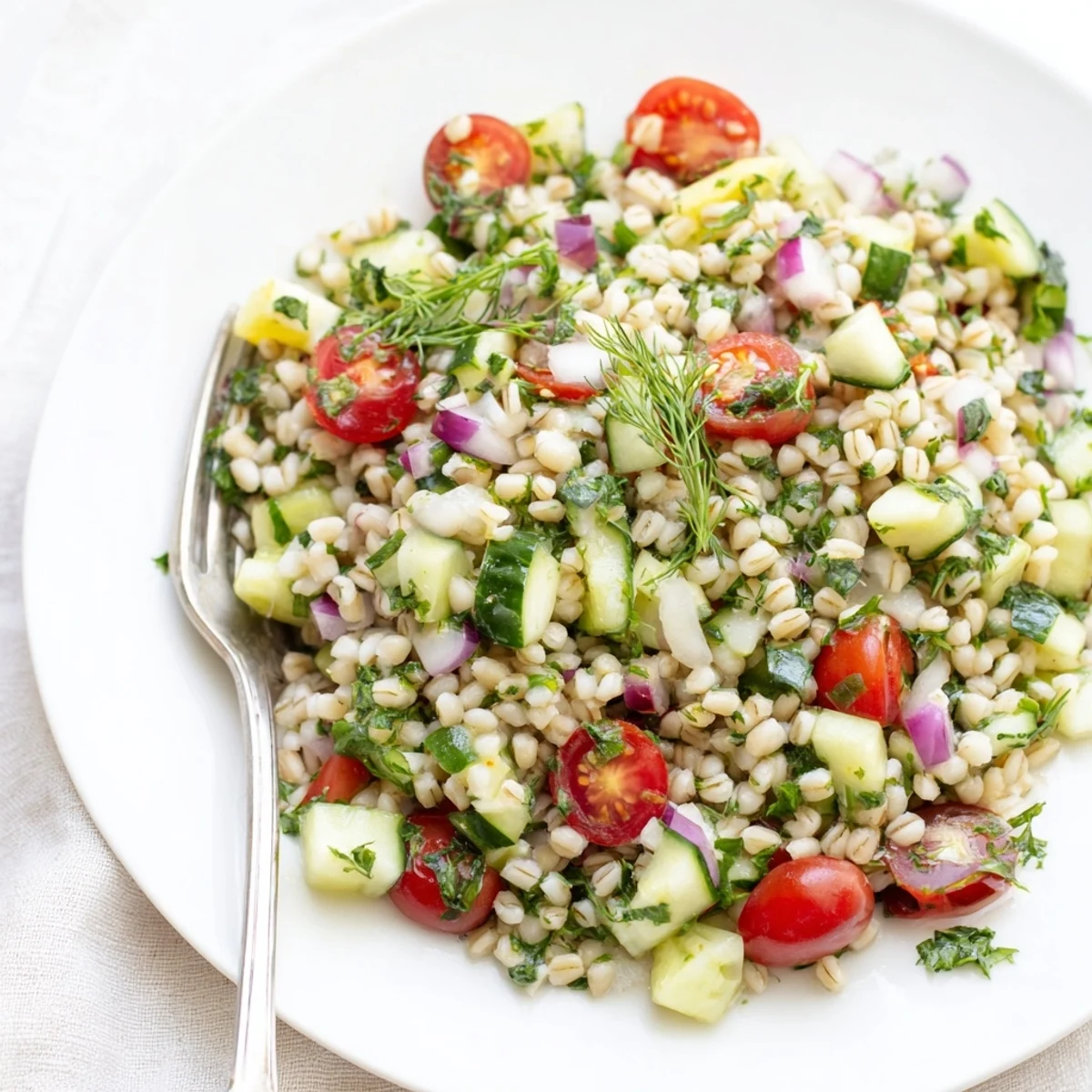 Pearl barley and herb salad with fresh mint, dill, and parsley tossed with cherry tomatoes and a zesty lemon vinaigrette.