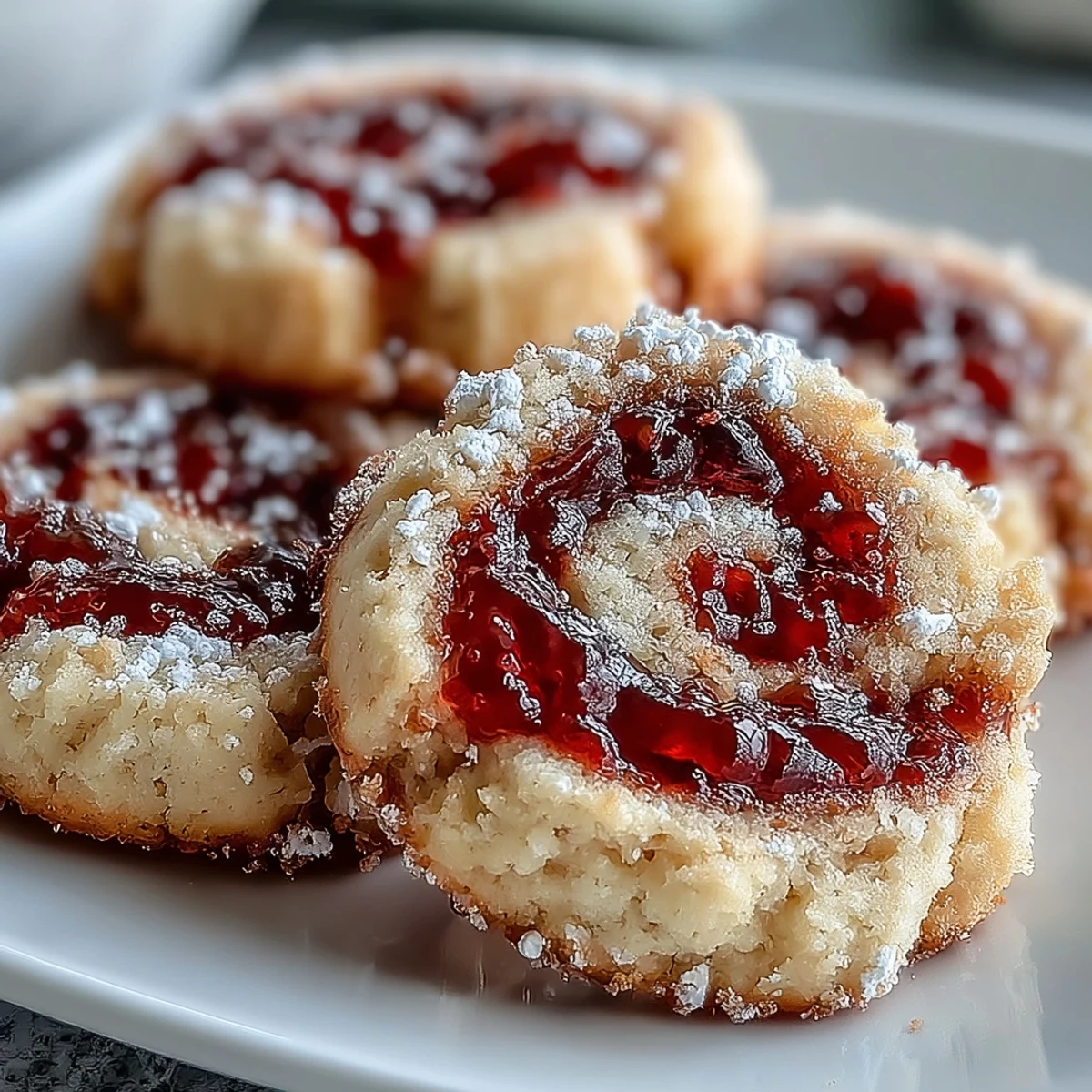 Freshly baked Raspberry Swirl Shortbread Cookies cool on a wire rack, showcasing golden edges and a vibrant, jammy center.