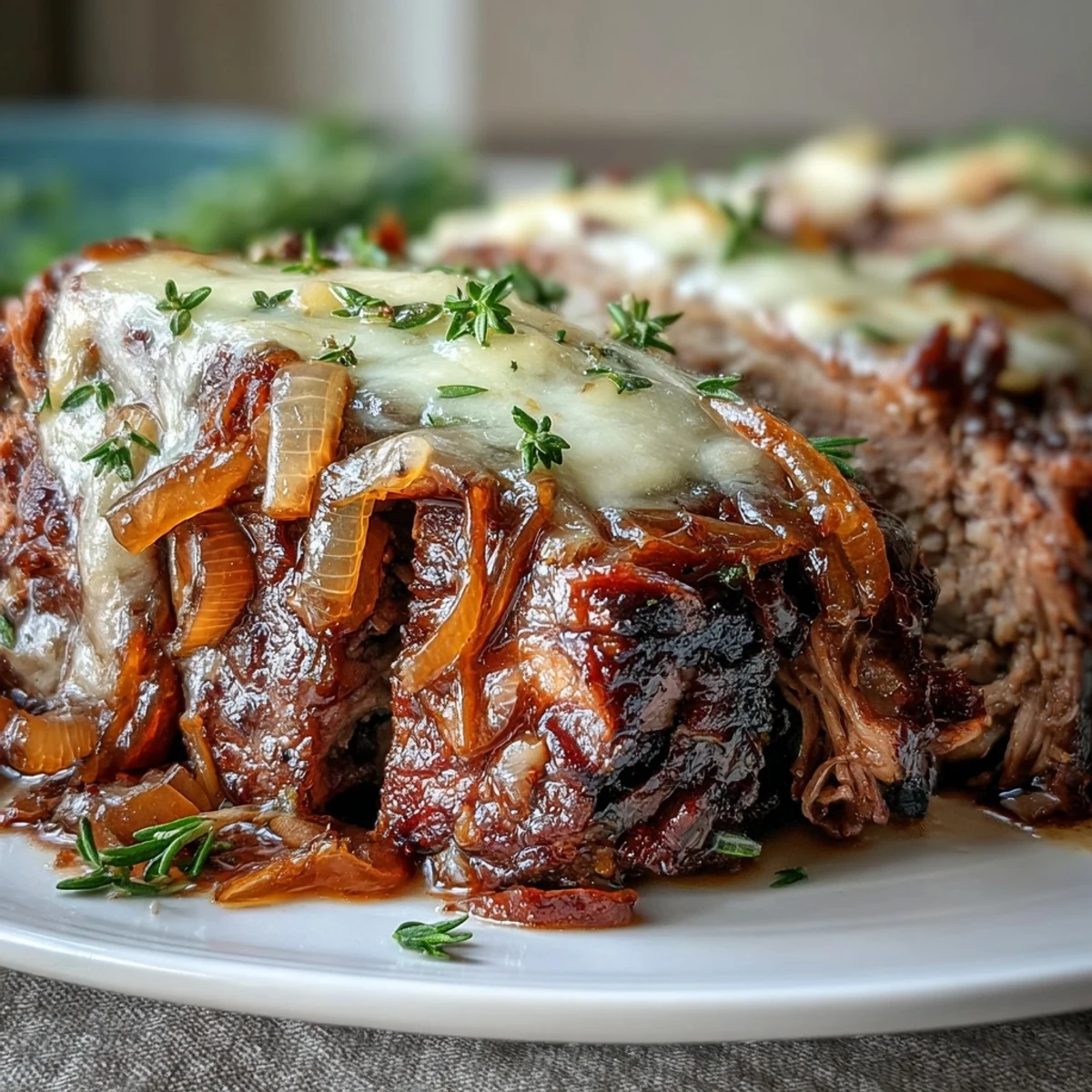 Steaming Savory Crock Pot French Onion Pot Roast served with crusty bread and rich, wine-infused juices.