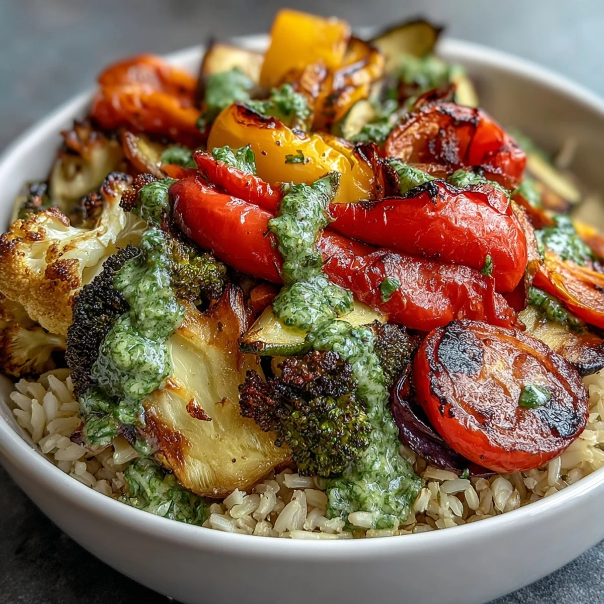 Close-up of the Rainbow Roasted Vegetable Bowl featuring colorful broccoli and purple cauliflower, steaming hot beside a glass of lemon water.