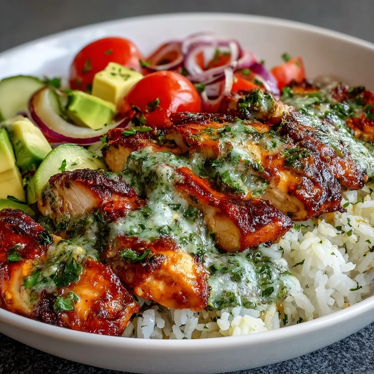 Chimichurri chicken bowl topped with cucumber, red onion, and zesty herb sauce drizzle.