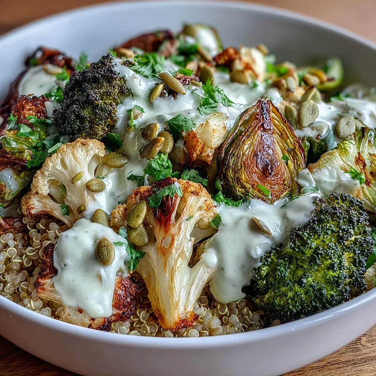 A fresh, vibrant Roasted Brassica Bowl garnished with parsley and pumpkin seeds, drizzled with creamy tahini-lemon dressing.