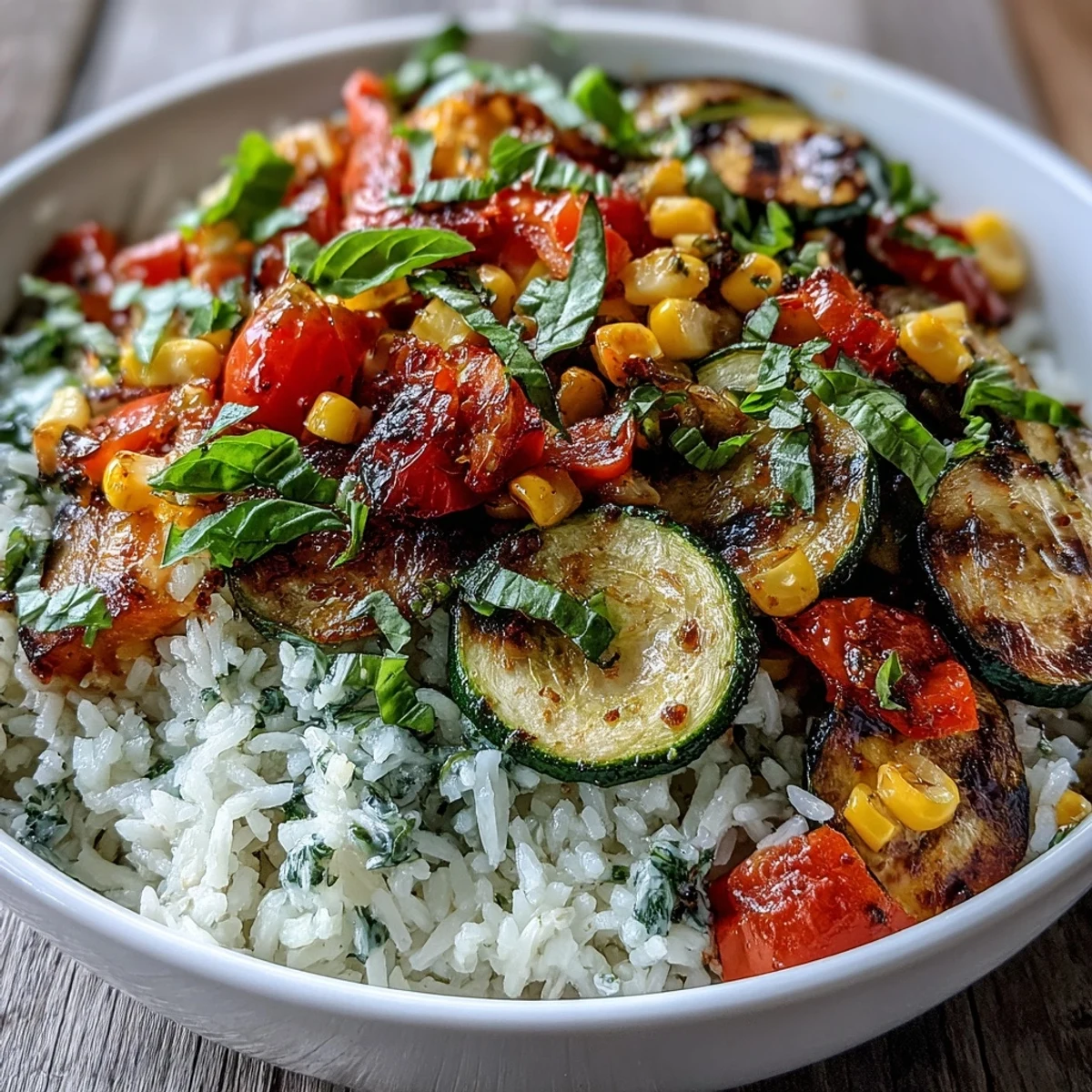 A vibrant vegetarian summer vegetable bowl featuring tender zucchini, juicy tomatoes, sweet corn, and peppers over fluffy rice with basil.