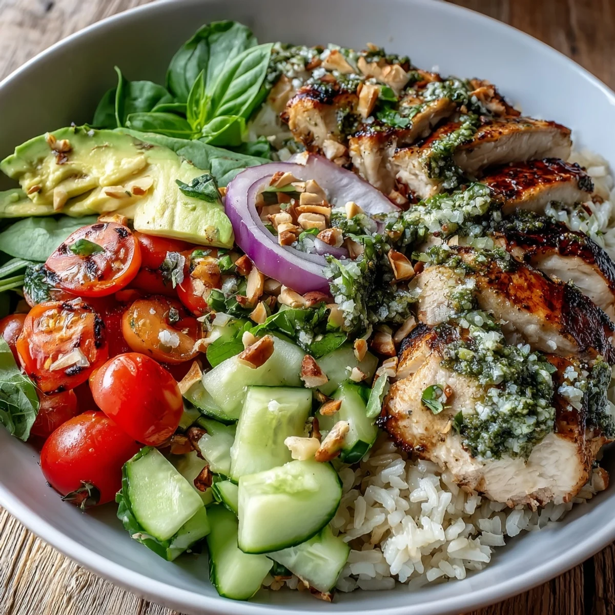 Served Pesto Chicken Bowl with a colorful medley of cucumber, spinach, and red onion on fluffy jasmine rice.