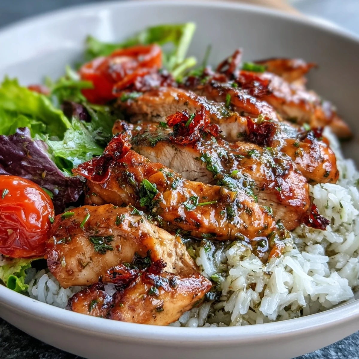 Sun-Dried Tomato Chicken Bowl with juicy sliced chicken, fluffy rice, crisp greens, and feta.