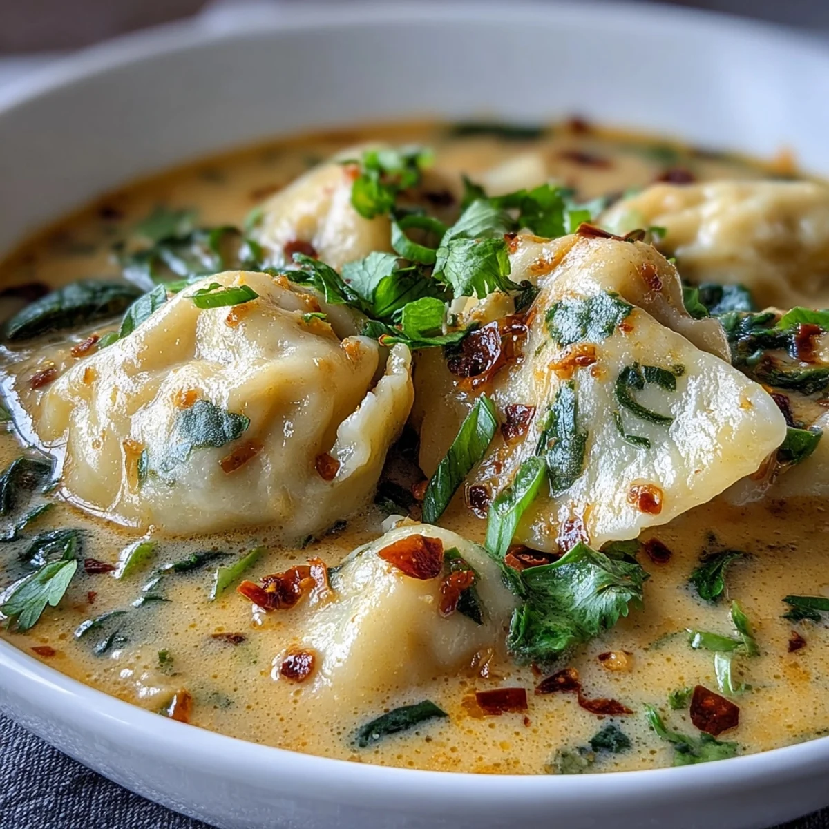 Quick Coconut Curry Soup with Dumplings steaming in a rich coconut broth with Thai aromatics, ready to serve.