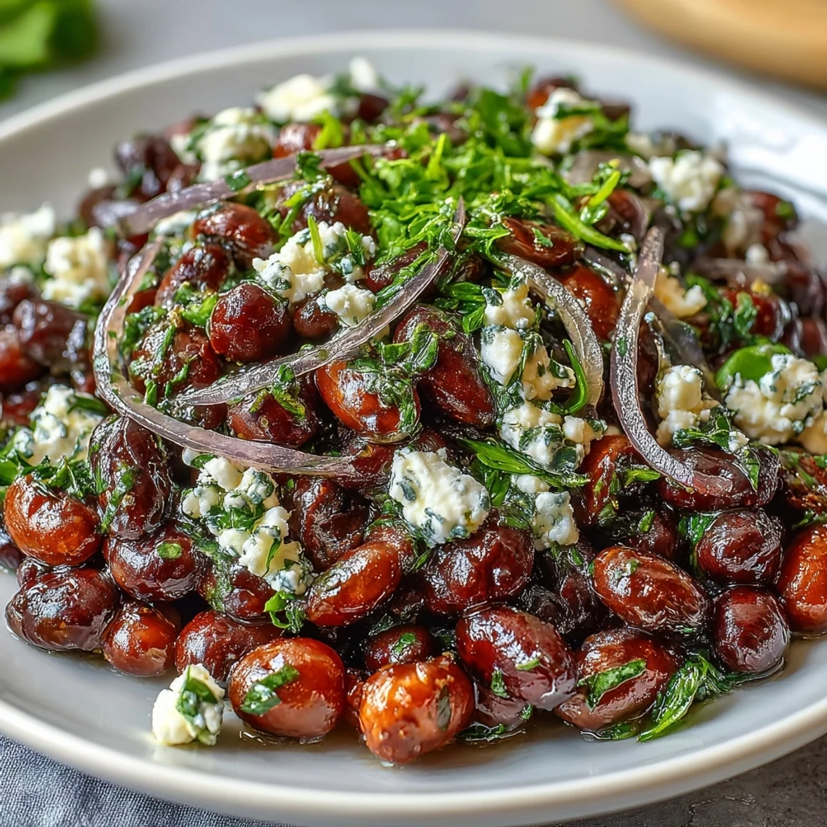 Tangy dressing coats chickpeas and black beans in this chilled Mediterranean Divorce Salad, ready to enjoy with a fork for a refreshing lunch.