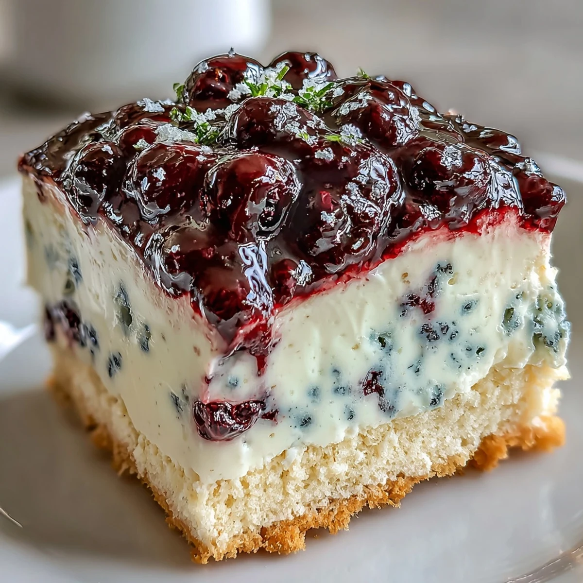 Lemon Blueberry Shortbread Mousse Cake is plated beside a glass of Prosecco, showcasing its vibrant purple and yellow swirls.