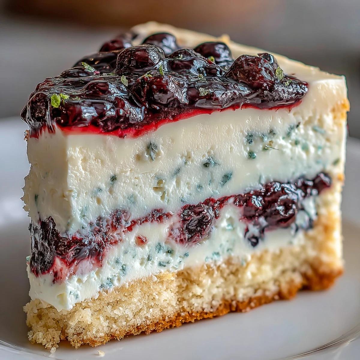 A serving fork rests near a wedge of Lemon Blueberry Shortbread Mousse Cake, highlighting the fluffy mousse and jammy compote.