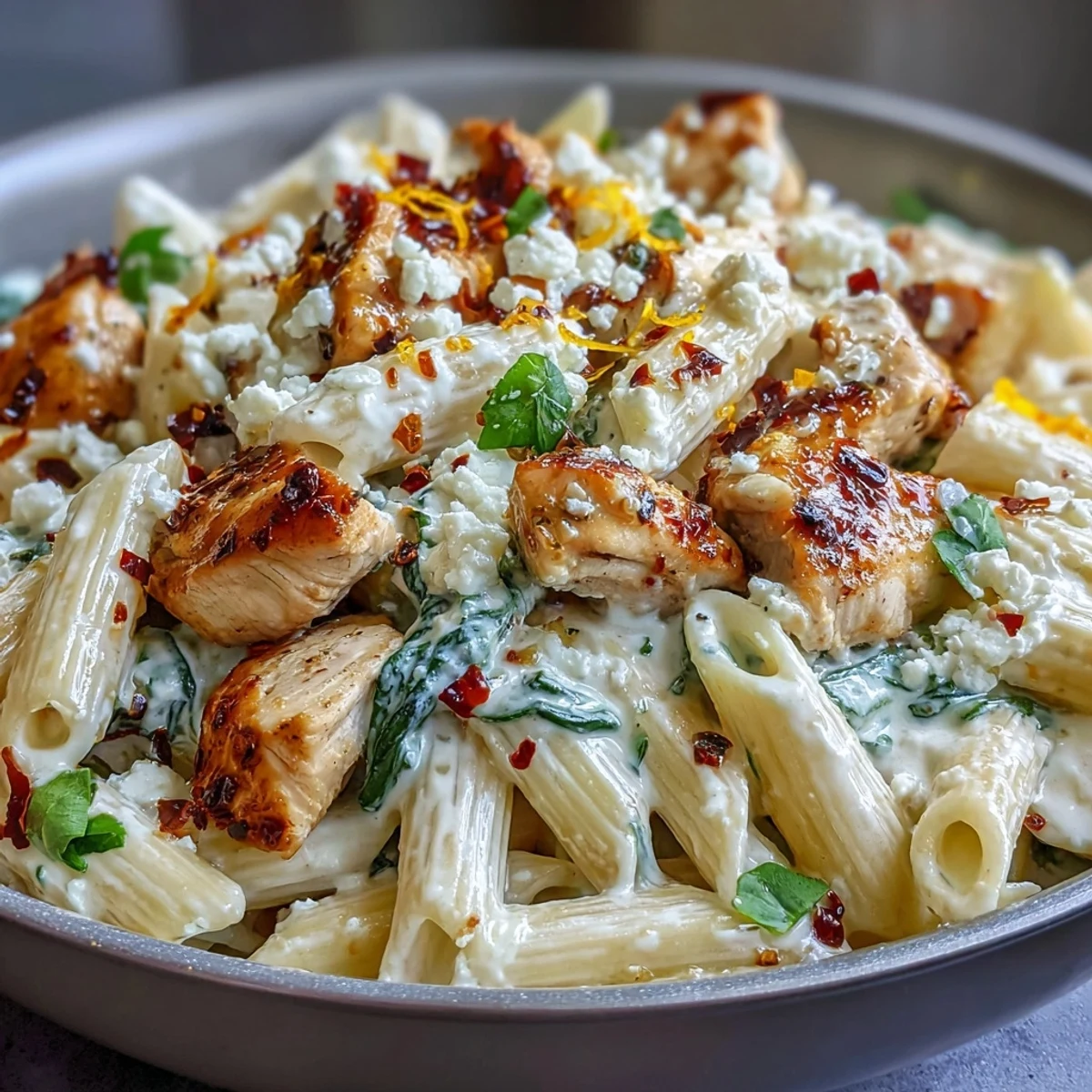 Spinach and tender chicken mingle with crumbled feta in a warm, one-skillet Mediterranean dinner.